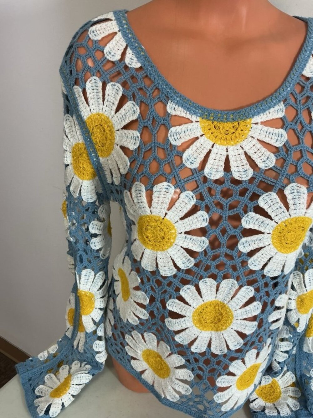 Rebellion Again Daisy Crochet Floral Flared Sleeve Blouse Boho Festival Medium - Picture 6 of 7